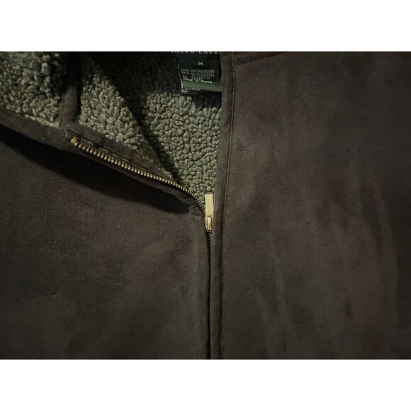 LAUREN RALPH LAUREN Suede Sherpa Lined Hooded Gray Equestrian Zip Vest M - Picture 5 of 9